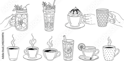 Detailed black and white line art collection of hot and cold beverages, including coffee, tea, cocktails, and milkshakes, perfect for cafe menus, bar graphics, food service, and drink-themed design ba