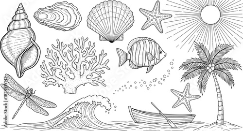Vintage hand-drawn engraving style vector collection of sea and beach elements, including shells, starfish, palm tree, fish, and coral, perfect for nautical, tropical travel, and ocean life designs