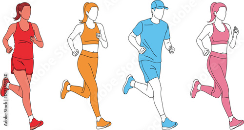 Collection of diverse male and female runners in dynamic motion and colorful athletic gear, perfect for fitness, health, training, jogging, marathon, and active lifestyle promotional designs
