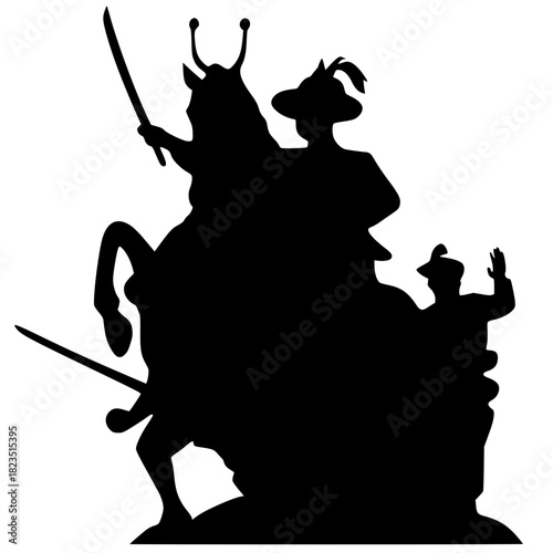 Equestrian statue silhouette of a historical Asian leader (likely Thai King or General) on a rearing horse, holding a sword and leading a soldier.