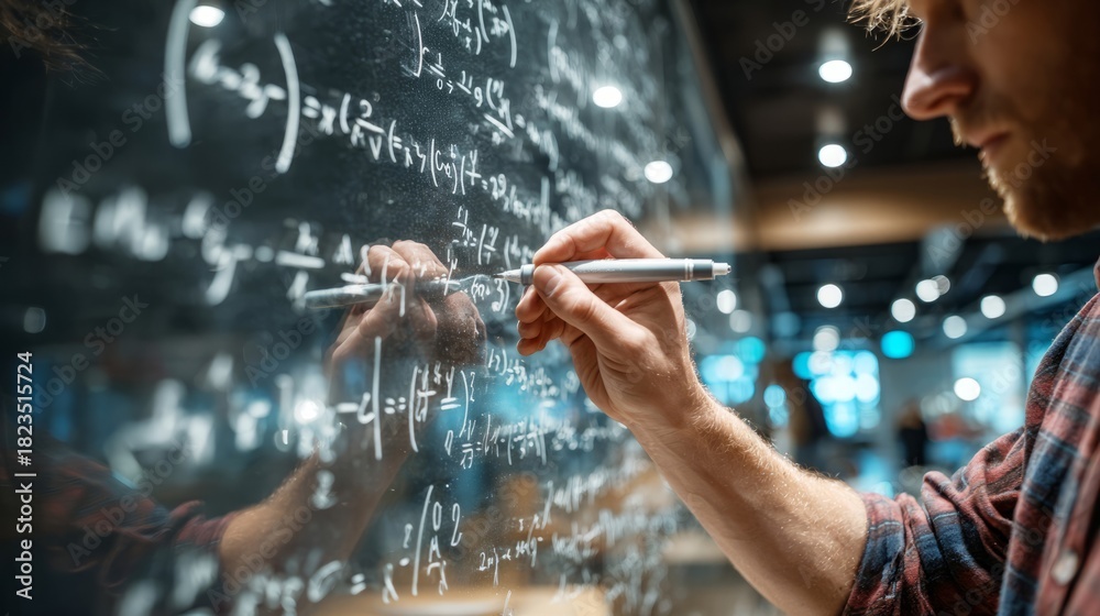 Fototapeta premium Person writing complex mathematical formulas on glass board