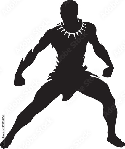 A silhouette of an African warrior, depicted in a powerful stance, ready for battle. The figure is black against a white backdrop.