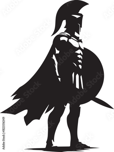 A black silhouette illustration of a spartan warrior standing with a helmet, cape, shield, and sword.