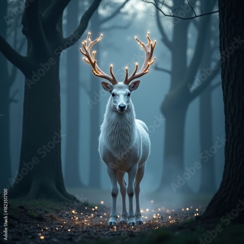 Majestic white stag with glowing antlers stands in a misty dark forest