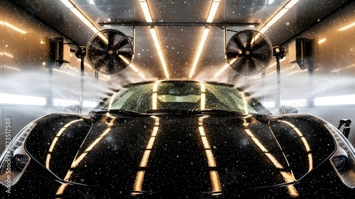 Sleek black sports car getting washed in modern carwash tunnel with water spray and bright lights for automotive advertising