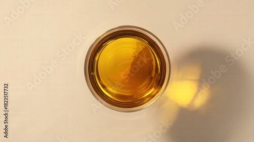 Golden whiskey drink in a glass top view on white background isolated. Generative AI