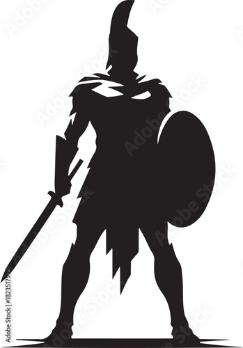 Silhouette of a Spartan warrior figure. He wears a helmet, holds a shield and sword, and stands in a strong pose.