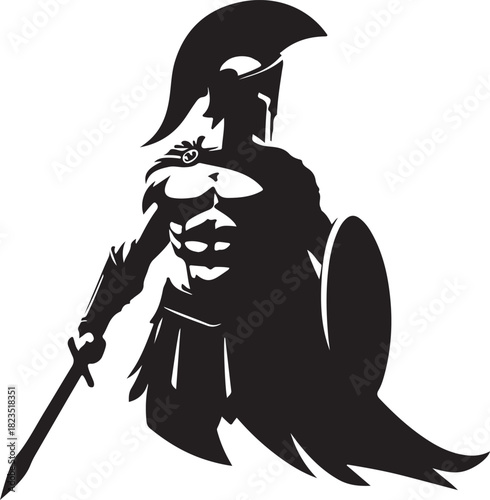 A black silhouette illustration of a spartan warrior clad in armor, shield and helmet, holding his sword in his hand.