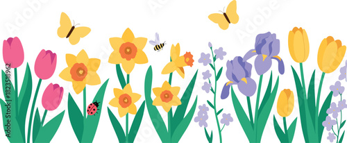 Spring Garden Scene – Blooming Flowers and Pollinators"