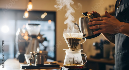 Authentic Close Up Pour Over Coffee Preparation Method with Steaming Water