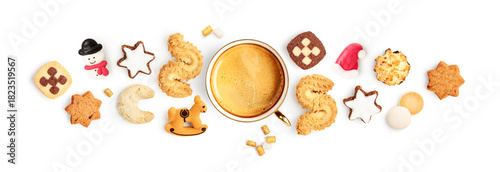 Holiday coffee banner with coffee cup, santa hat, snowman and festive homemade cookies photography isolated on white background