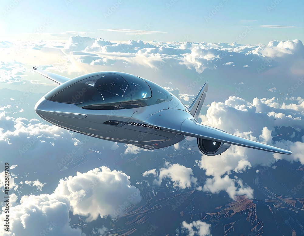 Fototapeta premium Futuristic, sleek aircraft soaring above a cloud-filled mountainous landscape