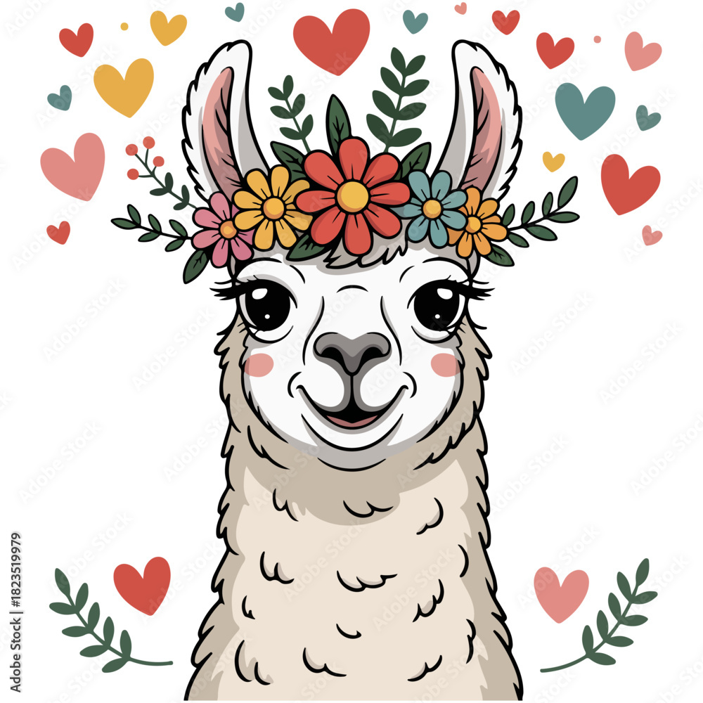 Obraz premium illustration of cute llama with flowers and hearts