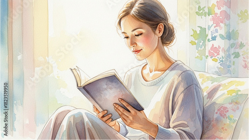 Woman Reading in Soft Morning Sunlight with Pastel Calm Atmosphere