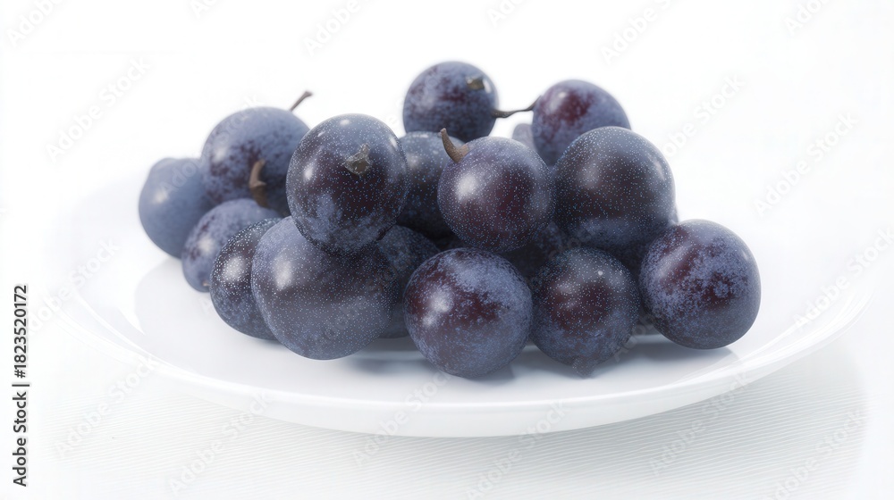 Fototapeta premium Fresh dark juneberries on white plate isolated. Generative AI
