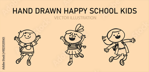 Cartoon children holding hands in a line with black and white outline versions. Cute cartoon children's drawing of many happy kids holding hands and jumping, white background, vector illustration.