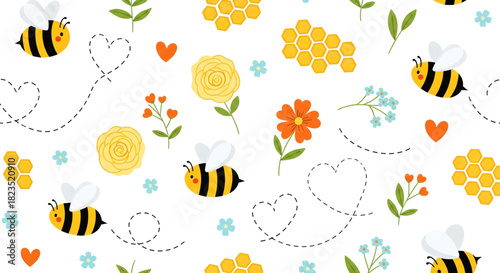 Cute Bee Honeycomb Flower Seamless Pattern for Spring Baby Shower Nursery Textile Design