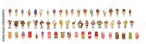 Set of colorful ice cream icons. Colorful ice cream set with cones and Popsicle. Cartoon collection of frozen dessert treats. Summer food illustration with chocolate, rainbow and fruit ice vector illu