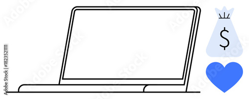 Laptop outline next to dollar-sign money bag and heart symbolizing online finance, e-commerce, fintech, digital transactions, financial security, business operations, and philanthropy. Ideal