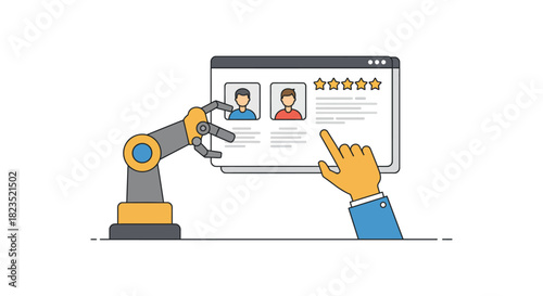 AI recruitment using robotic arm and human touch analyzing candidate profiles on screen illustrating the future of hr and automation perfect for tech