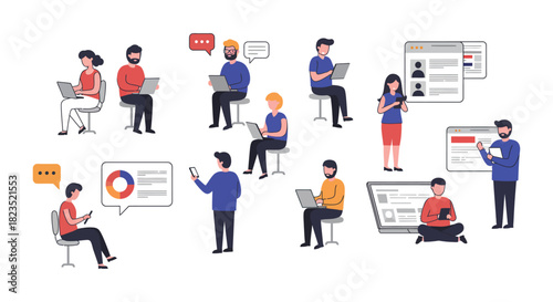 people working with technology diverse group collaborating on laptops and mobile devices in a modern office illustrating teamwork and digital workspace