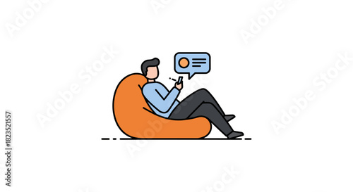 Man using a smartphone in an orange beanbag chair receiving messages ideal for illustrating digital communication and remote working concepts.