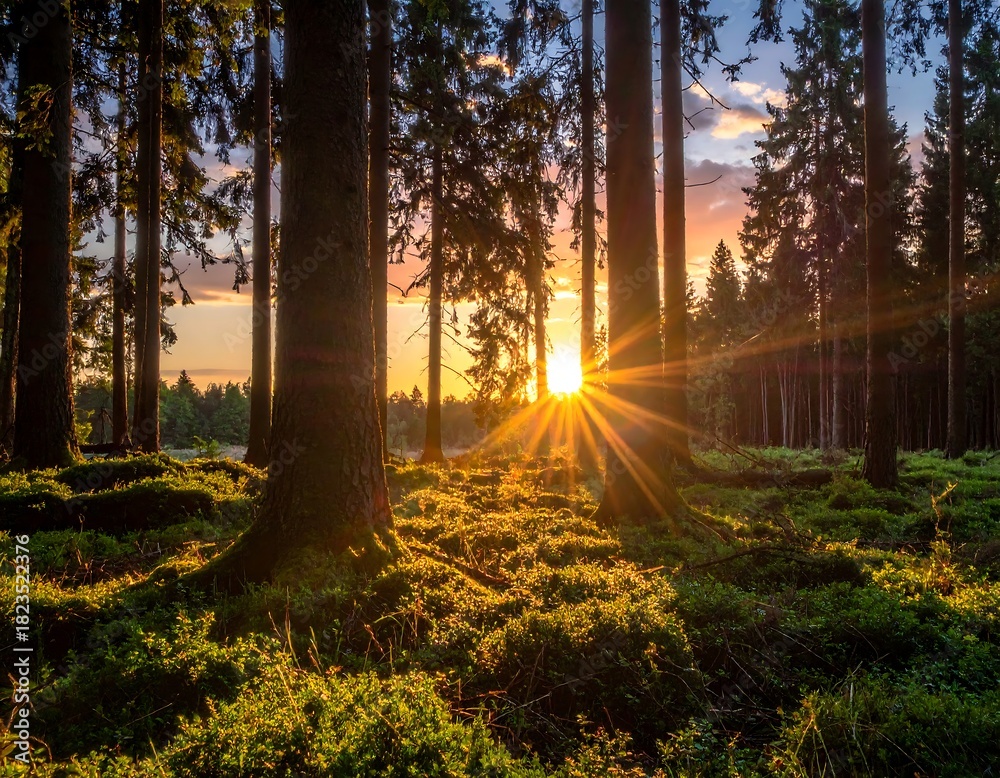 Obraz premium Lush forest bathed in golden sunset, rays piercing through towering trees