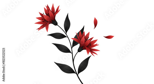 Dramatic Red Flower Branch Black Leaves Wilting Petals Tattoo Design Vector Illustration