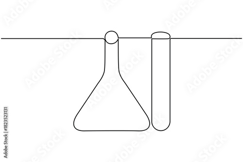 Laboratory glassware continuous one line drawing on white background minimalist scientific experiment outline vector illustration