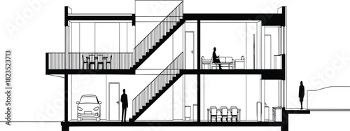 Architectural cross section drawing of modern house with garage and stairs, black and white technical blueprint illustration, vector