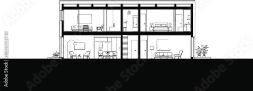 Architectural cross section drawing of modern two story house with furniture, black and white technical blueprint design illustration, vector