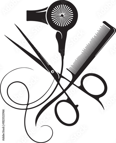 Black barber tools, including sharp steel scissors and a comb, used for professional hair cutting and fashion styling on a white background