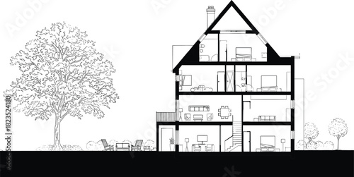 Architectural cross section drawing, residential house interior plan, detached home blueprint, technical vector illustration, garden landscape design