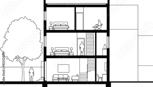 Architectural cross section drawing, residential house interior plan, two story building blueprint, technical vector illustration, home design concept with tree