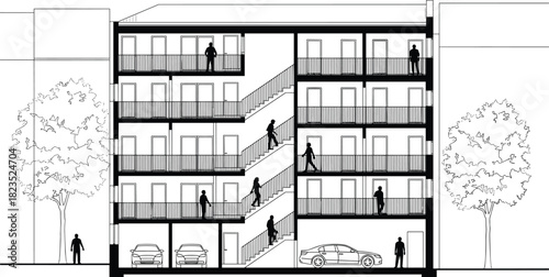 Architectural cross section illustration of multi-story apartment building with parking garage, stairs, people silhouettes and trees, vector design