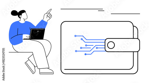 Woman with laptop points upward near digital wallet with circuit design, representing online payments, fintech, technology, cryptocurrency, security, money management. Ideal for modern tech themes