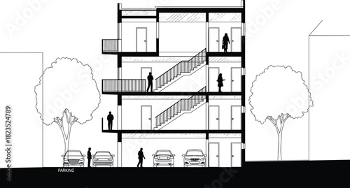 Architectural cross section illustration of multi-story building with parking, stairs, people silhouettes and trees, black and white vector design