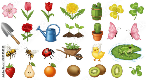 Spring Garden Icons Set Cute Flowers Fruits Insects Tools for Kids Web Design Projects