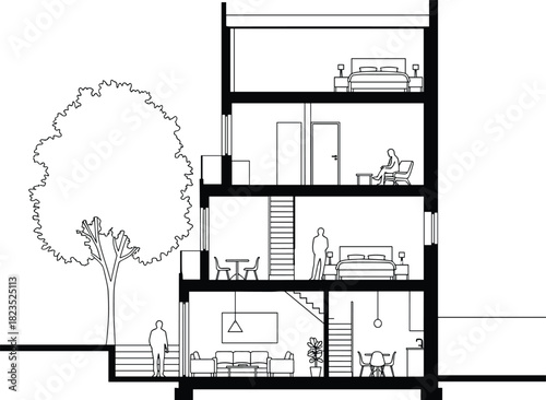 Architectural cross section illustration of residential house with interior layout, furniture, people silhouettes and tree, black and white vector drawing