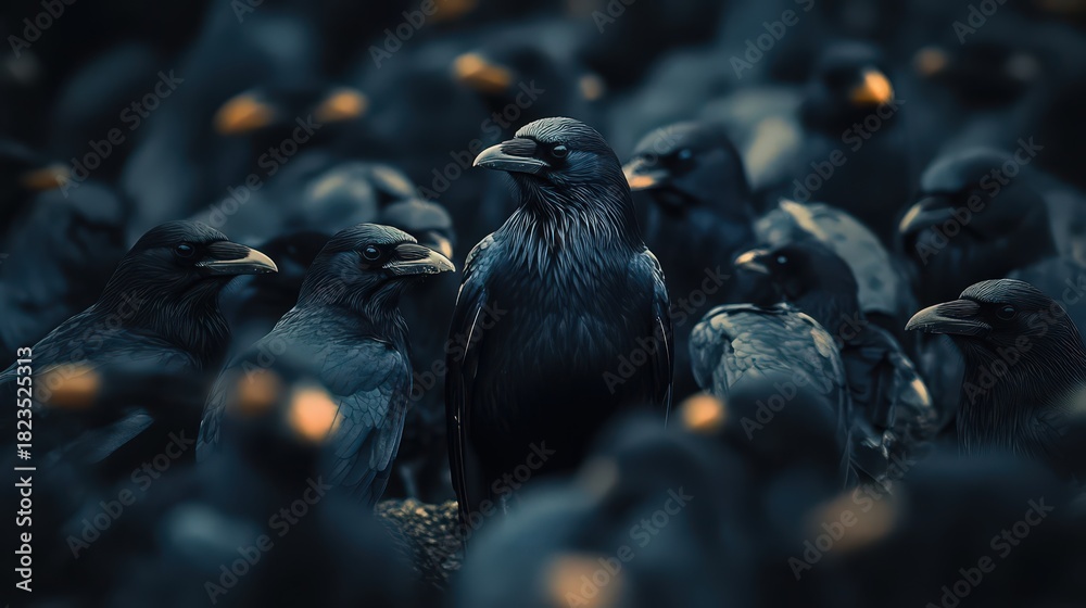 Obraz premium A Brooding Gathering of Ravens: Dark Plumage, Sharp Beaks, and Intense Gaze in a Mysterious, Atmospheric Wildlife Portrait