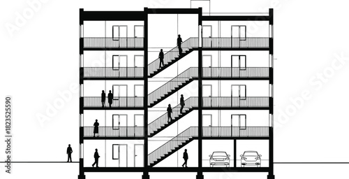 Architectural Cross Section Silhouette of Multi Story Apartment Building with People on Stairs and Cars in Garage, Vector Illustration