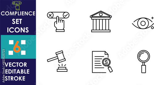 Minimal linear compliance icon set featuring law, regulation, monitoring, auditing, document review, court gavel, financial oversight, and magnifying glass symbols in clean, editable vector style