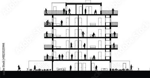Architectural cross section vector illustration of multi story residential building with people silhouettes, interior layout, and balcony details for blueprint design