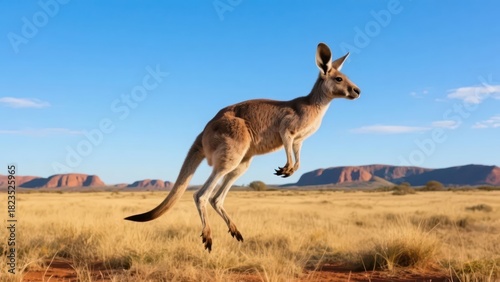 A kangaroo leaps across the Australian grassland, presenting an agile animal form and an open natural aesthetic atmosphere.