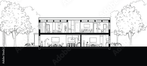 Architectural Cross Section Sketch of Modern Two Story House with Interior Furniture and Trees, Black and White Vector Illustration