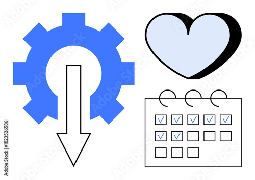 Blue gear and arrow for automation, heart signifying emotional health, and a calendar with checkmarks for task management. Ideal for productivity, planning, workflow, technology, self-care