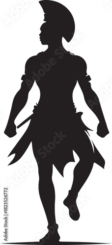 This is a silhouette of an African warrior, with a helmet, short skirt, and an athletic pose. The warrior has a sword.
