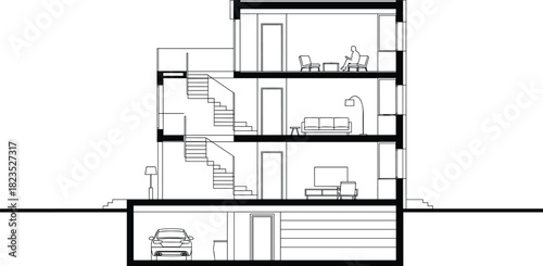 Architectural house cross section vector, building elevation cutaway, modern home interior plan, basement garage design, technical construction drawing