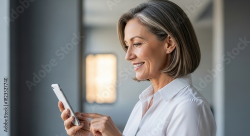 Free Download Mature woman using smartphone with happy expression, demonstrating modern senior with technology for digital communication and mobile application interaction. - GFXLoad