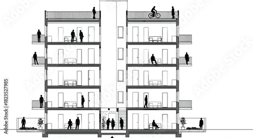 Architectural section drawing of residential apartment building, cross section view with people silhouettes, multistory housing blueprint, technical vector illustration, urban design